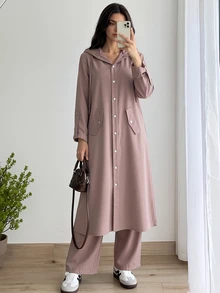 Solavon Setelan Busana Arab Wanita Warna Polos dengan Jaket Berkerudung dan Celana Panjang Kancing Depan - Coklat - View 6