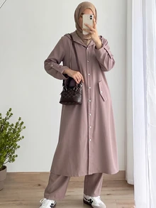 Solavon Setelan Busana Arab Wanita Warna Polos dengan Jaket Berkerudung dan Celana Panjang Kancing Depan - Coklat - View 7