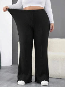 SHEIN CURVE+ 大尺碼女款黑色羅紋針織喇叭腿緊身褲，秋冬季 - 黑色 - 查看 7