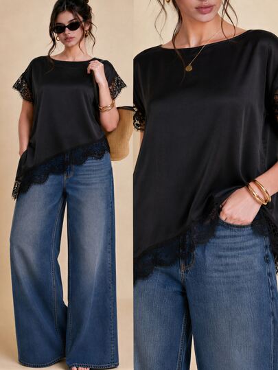 Juhart Women's Plus Size Satin Lace Trim Pullover, Asymmetrical Short Sleeve, Asymmetrical Lace Patchwork, Casual Minimalist Loose Commute Black Blouse T-Shirt, Autumn New Arrival