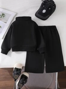 SHEIN 女嬰蝴蝶結刺繡半拉鍊運動衫與運動長褲休閒端莊可愛日系風套裝，適合度假、上學、派對，黑白配色，秋季 - 黑色 - 查看 3