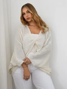 Auralis Plus Size Versatile Solid Color Twist Batwing Sleeve Sweater,Teacher,Y2k,Going Out Tops Women,Business Casual Woman,Back To School,Office Fall/Winter - Beige - View 4