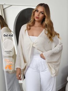 Auralis Plus Size Versatile Solid Color Twist Batwing Sleeve Sweater,Teacher,Y2k,Going Out Tops Women,Business Casual Woman,Back To School,Office Fall/Winter - Beige - View 6