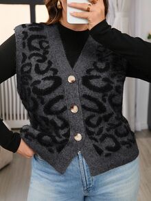 SHEIN Frenchy 秋冬大码休闲豹纹针织背心开衫 - 彩色 - 查看 3