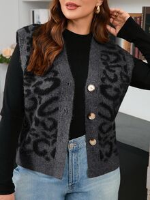 SHEIN Frenchy 秋冬大码休闲豹纹针织背心开衫 - 彩色 - 查看 8
