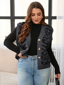 SHEIN Frenchy 秋冬大码休闲豹纹针织背心开衫 - 彩色 - 查看 5