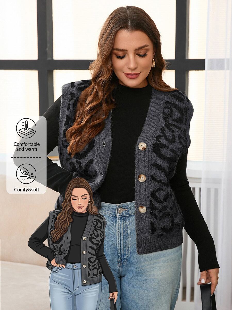 SHEIN Frenchy 秋冬大码休闲豹纹针织背心开衫 - 彩色 - 查看 1