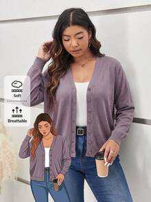 SHEIN Frenchy Plus Size Women's Solid Color Single-Breasted Casual Soft Form Soft Form Simple Normal Daily Cardigan Business Formal Office Formal Dusty Rose Autumn - Mauve Purple - View 2