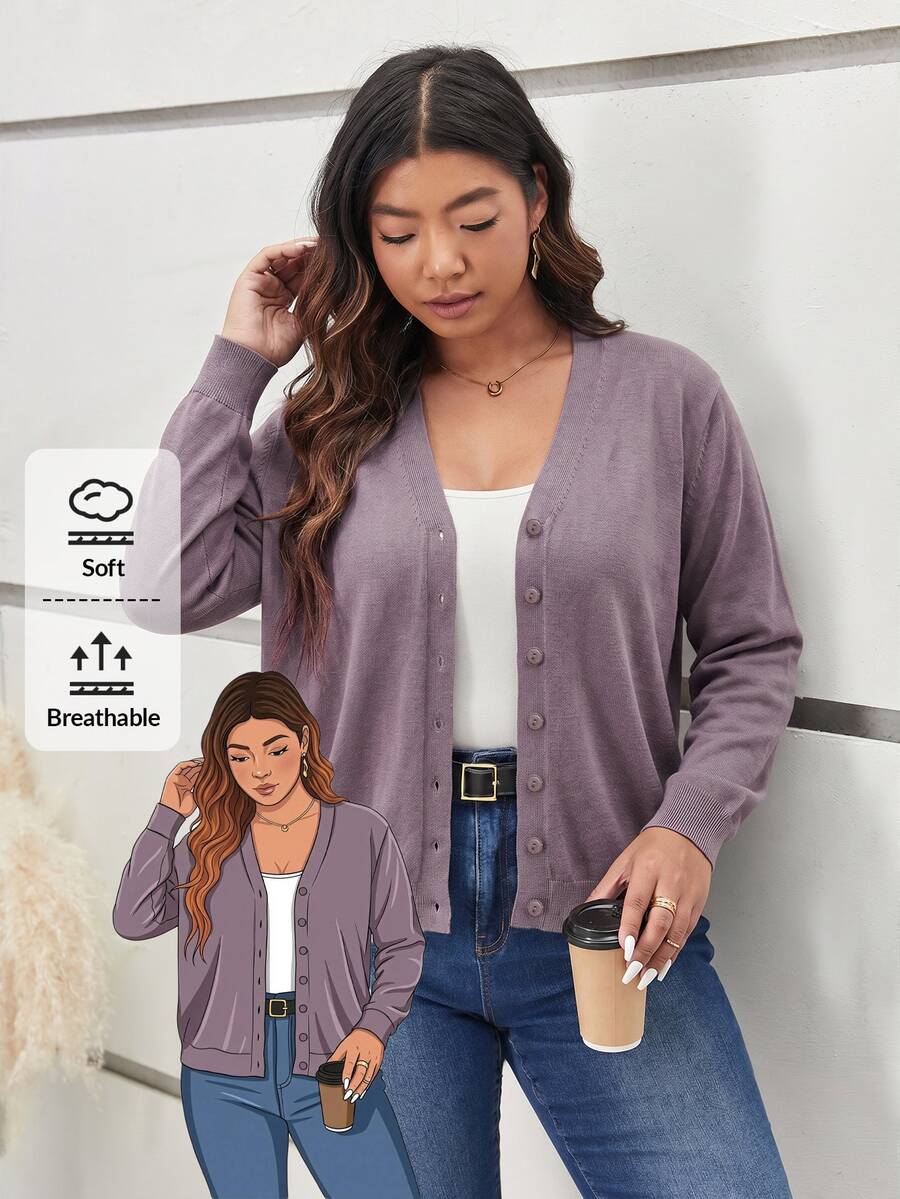 SHEIN Frenchy Plus Size Women's Solid Color Single-Breasted Casual Soft Form Soft Form Simple Normal Daily Cardigan Business Formal Office Formal Dusty Rose Autumn