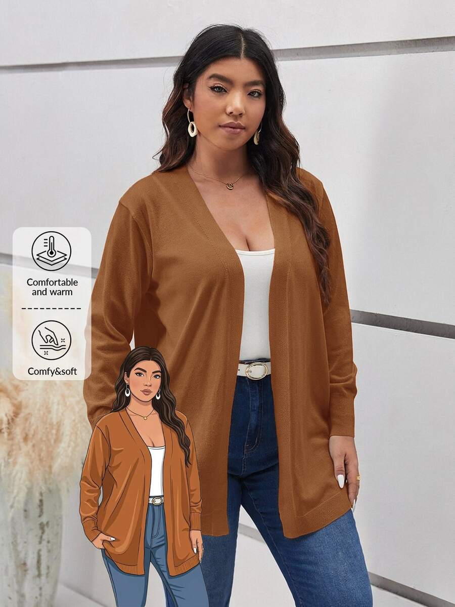 SHEIN Frenchy 大尺碼女款素色長袖休閒針織開襟衫