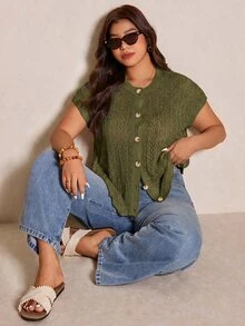 Elaquor Plus Size Casual Handmade 3D Floral Batwing Sleeve Cardigan Fall - Army Green - View 4