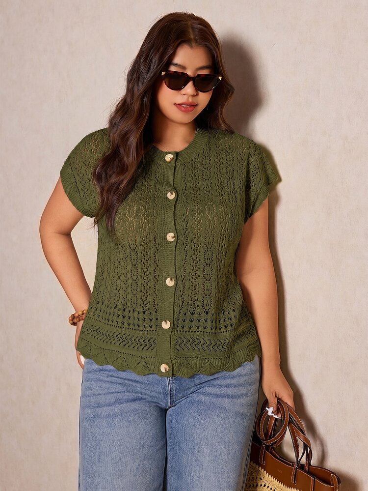 Elaquor Plus Size Casual Handmade 3D Floral Batwing Sleeve Cardigan Fall - Army Green - View 6
