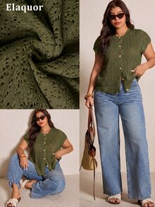 Elaquor Plus Size Casual Handmade 3D Floral Batwing Sleeve Cardigan Fall - Army Green - View 3