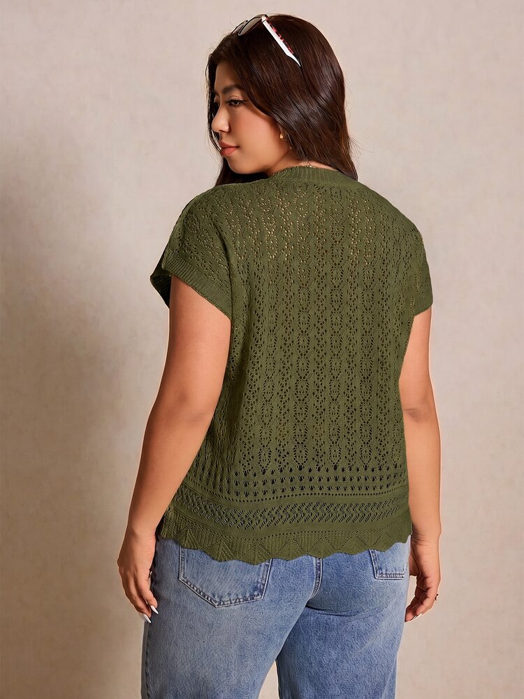 Elaquor Plus Size Casual Handmade 3D Floral Batwing Sleeve Cardigan Fall - Army Green - View 2