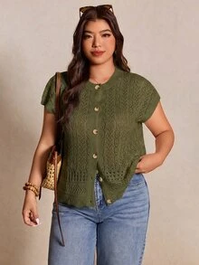 Elaquor Plus Size Casual Handmade 3D Floral Batwing Sleeve Cardigan Fall - Army Green - View 1