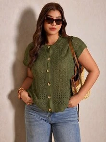 Elaquor Plus Size Casual Handmade 3D Floral Batwing Sleeve Cardigan Fall - Army Green - View 8