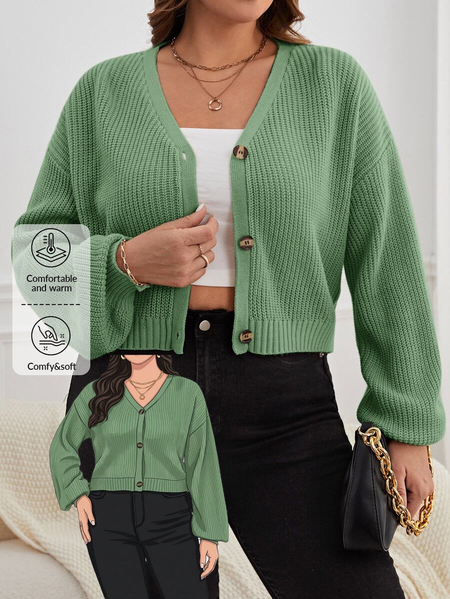 Shapeblank Plus Size Casual Versatile Solid Color Cardigan Back-To-School Bussines Graduation Sage Green Winter