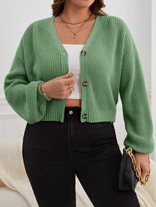 Shapeblank Plus Size Casual Versatile Solid Color Cardigan Back-To-School Bussines Graduation Sage Green Winter - Mint Green - View 7