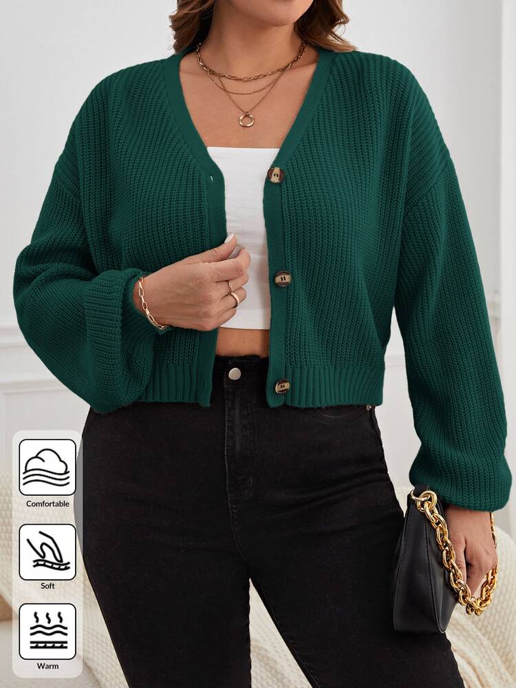 SHEIN Essnce Plus Size Casual Solid Color Button-Up Long Sleeve Cardigans In Fall/Winter - Dark Green - View 1