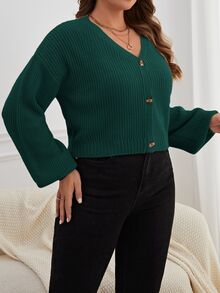 SHEIN Essnce 大尺碼休閒純色鈕扣開襟長袖針織外套 秋冬款 - 墨綠色 - 查看 3