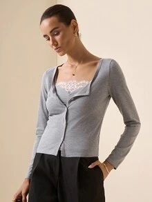 Briarwyn Grey Long Sleeve Top & Lace Patchwork Camisole Set - Grey - View 7