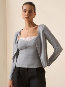 Briarwyn Grey Long Sleeve Top & Lace Patchwork Camisole Set - Grey - View 4