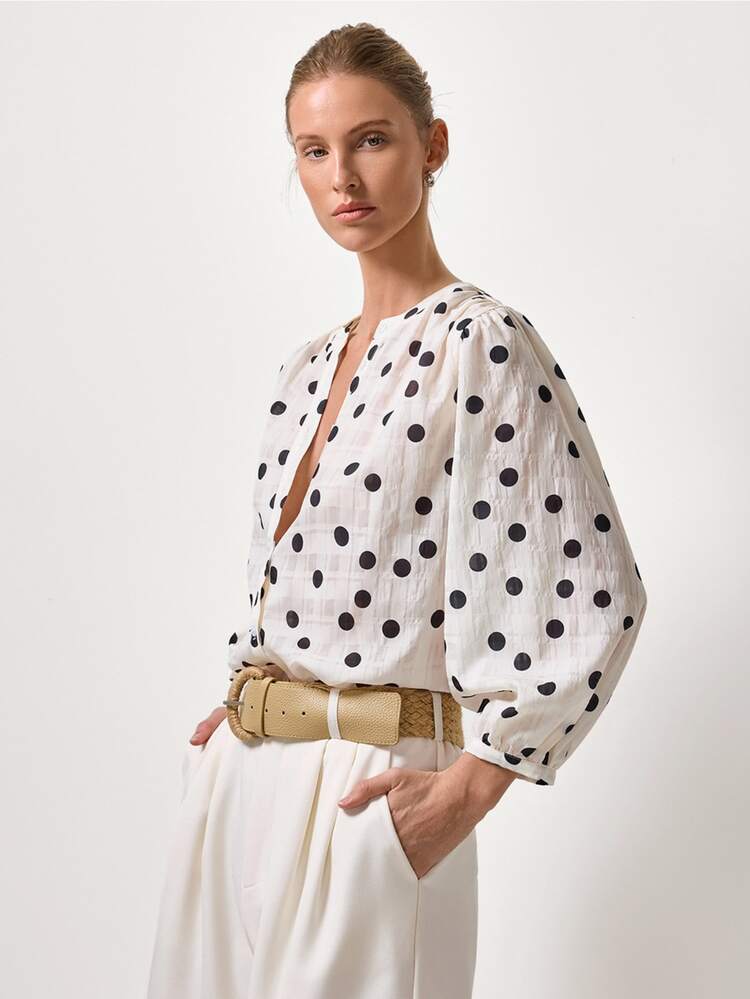 Briarwyn Elegant Women's Polka Dot Sheer Textured Fabric Blouse,Off-White Summer Fashion Button,Office Spring Clothing,Vacation Outfits Women Top - White - View 4
