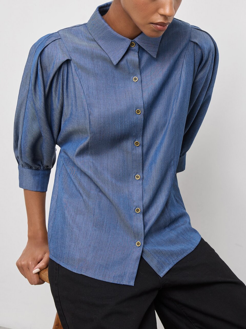 SHEIN Maija Blusa Feminina com Manga Pétala Azul Água, Verão Outono Urbano Casual Elegante Dia dos Professores Escritório