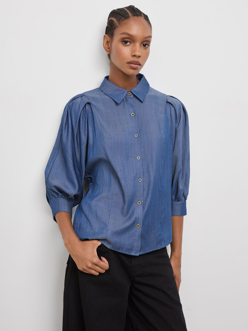 SHEIN Maija Blusa Feminina com Manga Pétala Azul Água, Verão Outono Urbano Casual Elegante Dia dos Professores Escritório