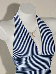 SHEIN ICON 露背吊带深V领收腰A字裙 - 藏蓝色 - 查看 5