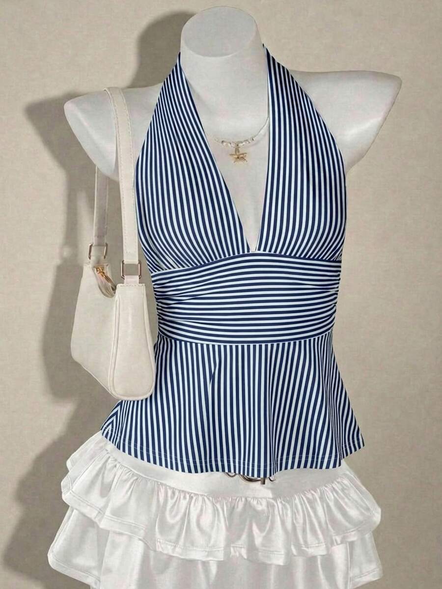 SHEIN ICON Halter Deep V-Neck Cinched Waist A-Line Backless Camisole,Summer Top - Navy Blue - View 1
