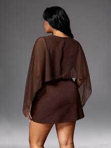 Rustia Cape Shawl Waist-Cinching Dress, Coffee Chiffon Patchwork High Waist A-Line Short Cocktail Dress Fall - Brown - View 2