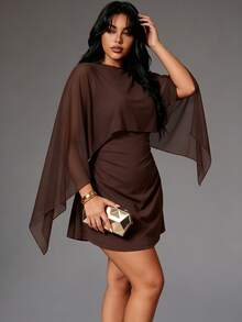 Rustia Cape Shawl Waist-Cinching Dress, Coffee Chiffon Patchwork High Waist A-Line Short Cocktail Dress Fall - Brown - View 6