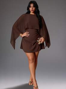 Rustia Cape Shawl Waist-Cinching Dress, Coffee Chiffon Patchwork High Waist A-Line Short Cocktail Dress Fall - Brown - View 3