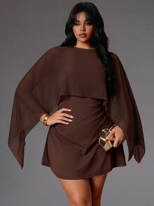 Rustia Cape Shawl Waist-Cinching Dress, Coffee Chiffon Patchwork High Waist A-Line Short Cocktail Dress Fall - Brown - View 5