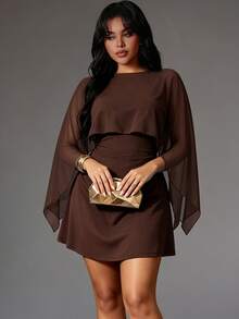 Rustia Cape Shawl Waist-Cinching Dress, Coffee Chiffon Patchwork High Waist A-Line Short Cocktail Dress Fall - Brown - View 8