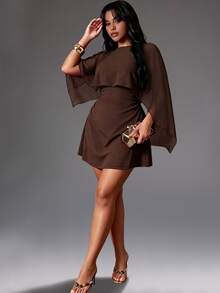 Rustia Cape Shawl Waist-Cinching Dress, Coffee Chiffon Patchwork High Waist A-Line Short Cocktail Dress Fall - Brown - View 1