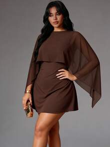 Rustia Cape Shawl Waist-Cinching Dress, Coffee Chiffon Patchwork High Waist A-Line Short Cocktail Dress Fall - Brown - View 7