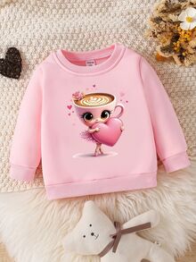 SHEIN Young Girl 1 PC Casual Fairy Princess Fashion Creative Cartoon Cup Ballet Love Pattern Printed Round Neck Sweatshirt Daily Pink Autumn Winter Outing Tops - Pink - View 4