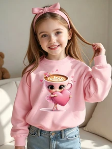 SHEIN Young Girl 1 PC Casual Fairy Princess Fashion Creative Cartoon Cup Ballet Love Pattern Printed Round Neck Sweatshirt Daily Pink Autumn Winter Outing Tops - Pink - View 1