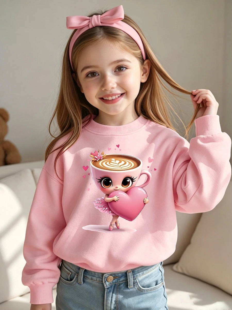 SHEIN Young Girl 1 PC Casual Fairy Princess Fashion Creative Cartoon Cup Ballet Love Pattern Printed Round Neck Sweatshirt Daily Pink Autumn Winter Outing Tops - Pink - View 1