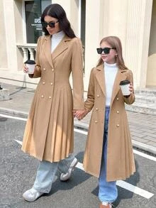 SHEIN 青少年女孩休閒舒適優雅溫柔日常百搭翻領鈕扣收腰修身百褶下擺外套，秋冬款 - 卡其色 - 查看 5