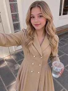 SHEIN 青少年女孩休閒舒適優雅溫柔日常百搭翻領鈕扣收腰修身百褶下擺外套，秋冬款 - 卡其色 - 查看 1