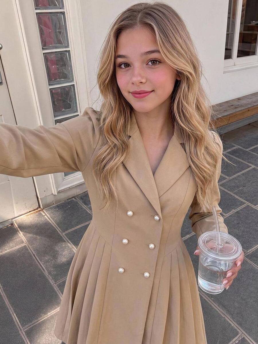 SHEIN 青少年女孩休閒舒適優雅溫柔日常百搭翻領鈕扣收腰修身百褶下擺外套，秋冬款 - 卡其色 - 查看 1