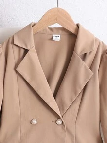 SHEIN 青少年女孩休閒舒適優雅溫柔日常百搭翻領鈕扣收腰修身百褶下擺外套，秋冬款 - 卡其色 - 查看 8