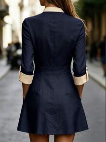 SHEIN Women's Elegant French Style Women Contrast Trim Notched Neck Mini Dress 3/4 Roll‑Cuff Sleeve Pleated A‑Line Dress With Pockets Elegant Daily Outfit - Navy Blue - View 3