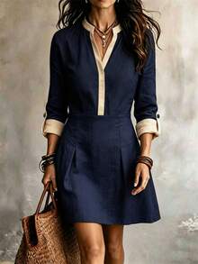 SHEIN Women's Elegant French Style Women Contrast Trim Notched Neck Mini Dress 3/4 Roll‑Cuff Sleeve Pleated A‑Line Dress With Pockets Elegant Daily Outfit - Navy Blue - View 5