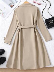 SHEIN Elladie kids 优雅舒适通勤百搭经典卡其色翻领袖口双排扣系腰风衣，适合少女 - 卡其色 - 查看 3