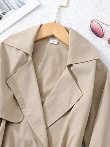 SHEIN Elladie kids 优雅舒适通勤百搭经典卡其色翻领袖口双排扣系腰风衣，适合少女 - 卡其色 - 查看 8