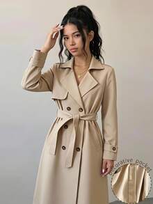 SHEIN Elladie kids 优雅舒适通勤百搭经典卡其色翻领袖口双排扣系腰风衣，适合少女 - 卡其色 - 查看 5